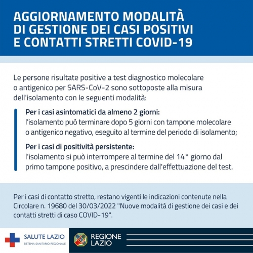 Isolamento a seguito di positività al Covid-19: nuove disposizioni