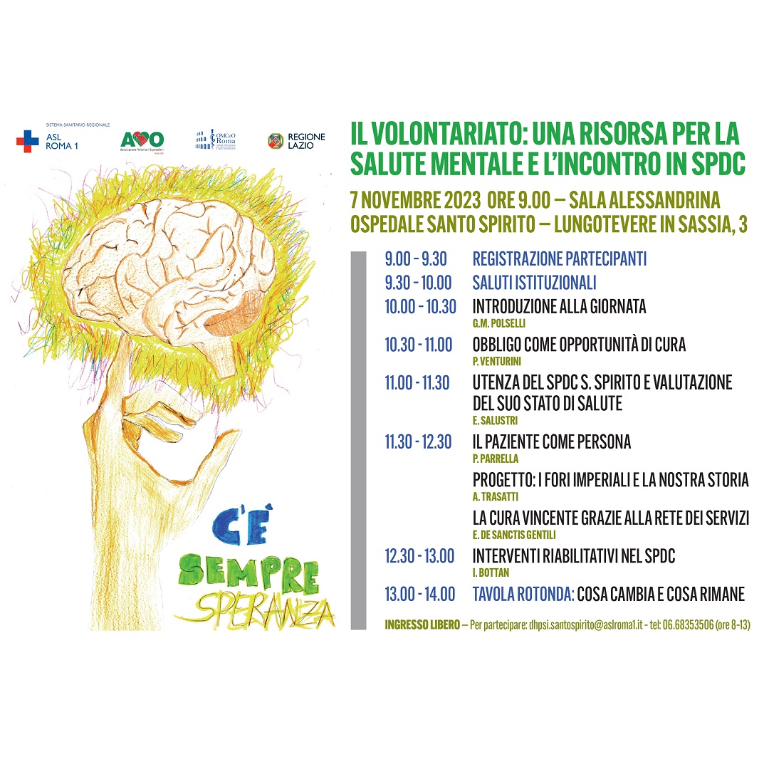 7 novembre Evento “Il volontariato: una risorsa per la salute mentale e l’incontro in SPDC”