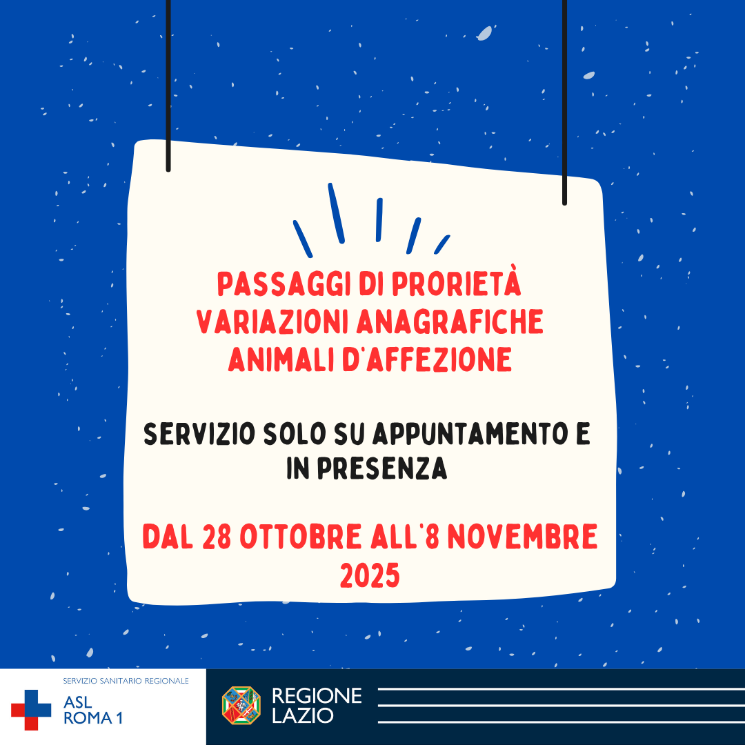 27 ottobre - 8 novembre: variazioni anagrafiche animali d'affezione solo in presenza e con appuntamento