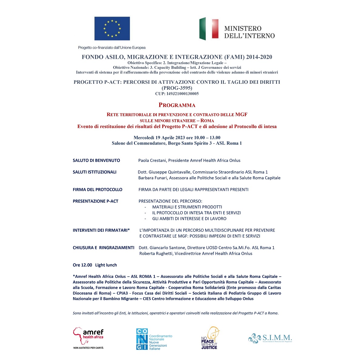 19 aprile "Evento di restituzione dei risultati del Progetto P-ACT e di adesione al Protocollo di intesa” a Borgo Santo Spirito