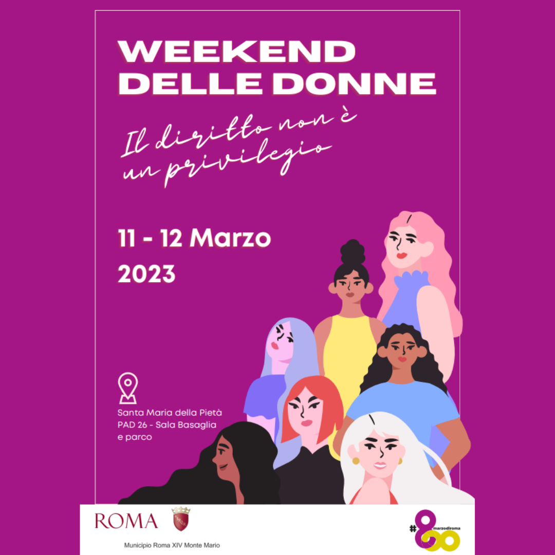 locandina Weekend delle donne 11 e 12 marzo 2023 con illustrazioni di donne e il titolo dell'evento