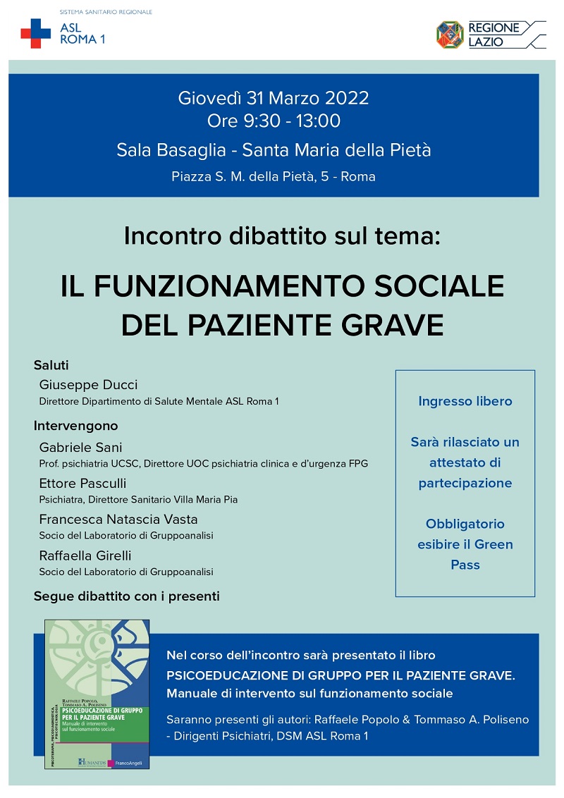 Giovedì 31 marzo incontro-dibattito "Il funzionamento sociale del paziente grave"