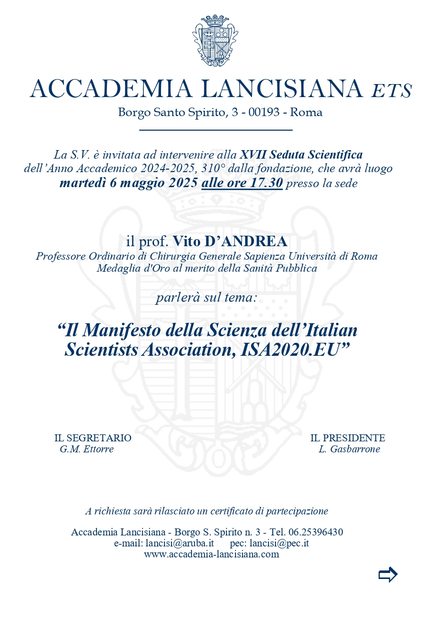 6 maggio XVII Seduta Accademia Lancisiana "Il Manifesto della Scienza dell’Italian Scientists Association, ISA2020.EU"