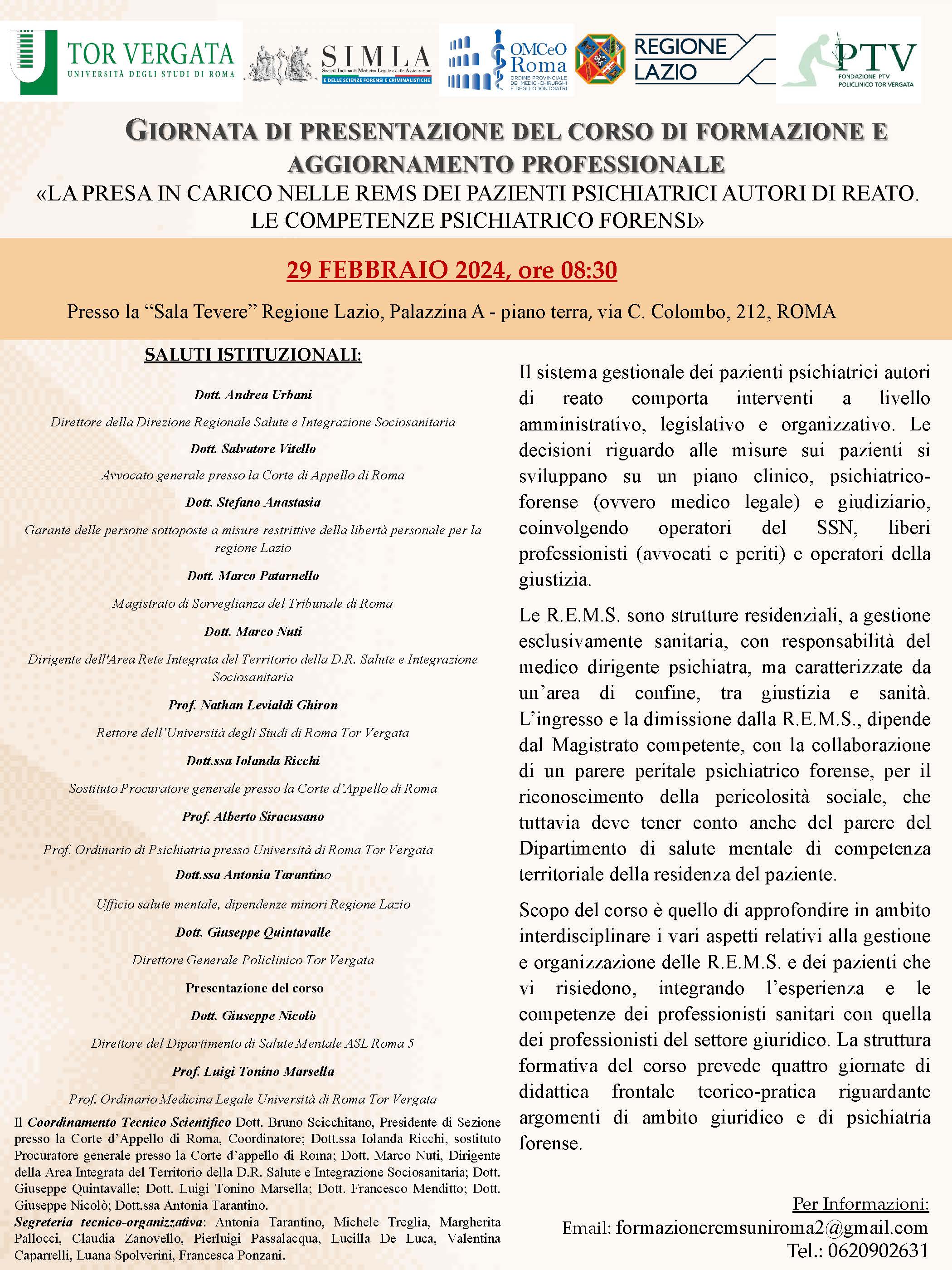29 febbraio presentazione Corso “La presa in carico nelle RE.M.S. dei pazienti autori di reato. Le competenze psichiatrico forensi”