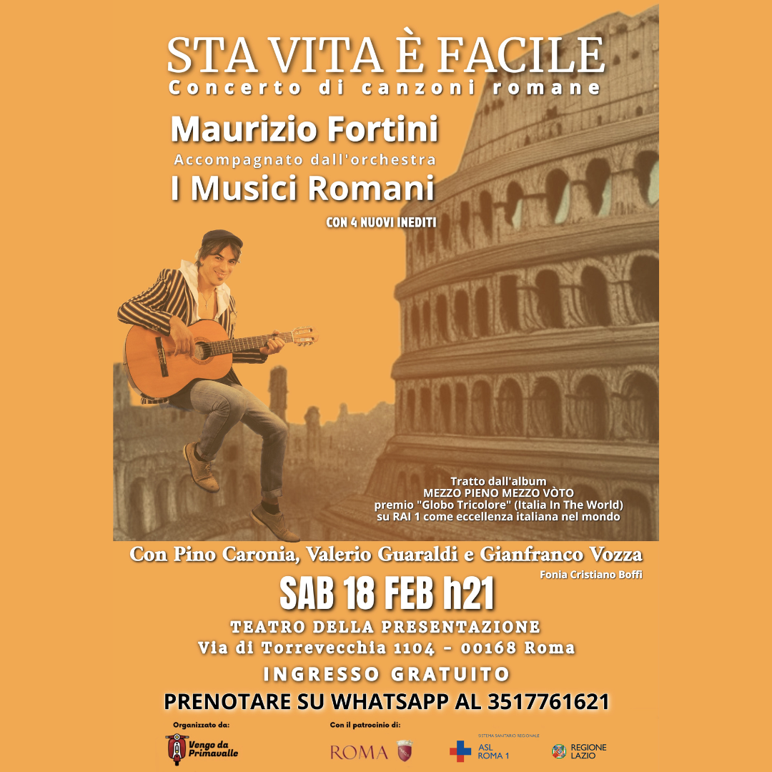 locandina del concerto sta vita è facile con maurizio fortini e lo sfondo del colosseo