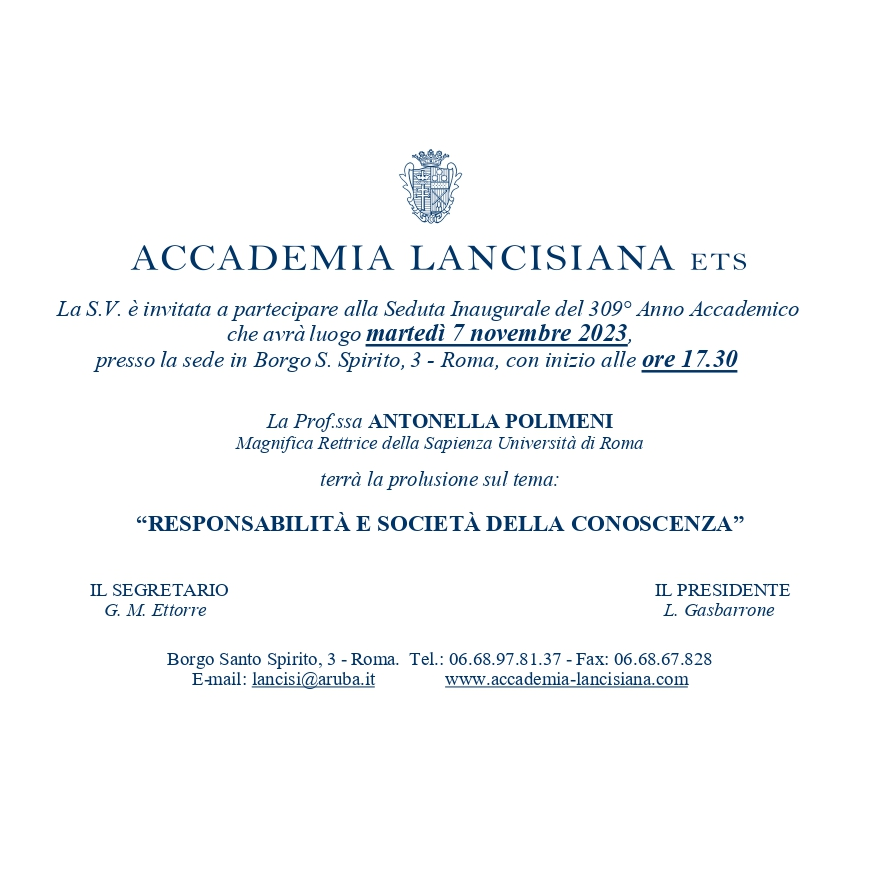 7 novembre Seduta inaugurale 309simo Anno Accademico dell’Accademia Lancisiana