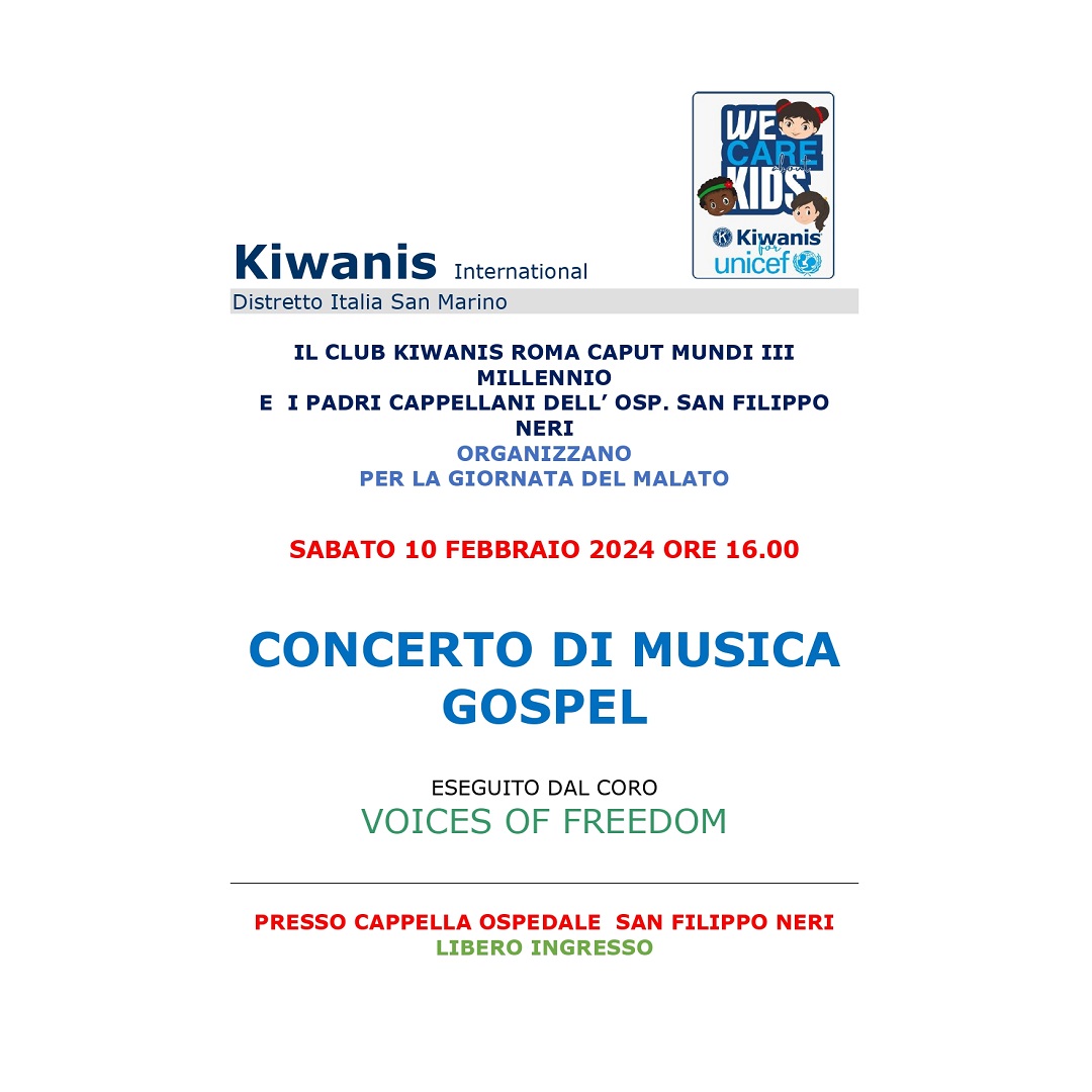 10 febbraio Concerto di musica gospel al San Filippo Neri per la Giornata Mondiale del Malato