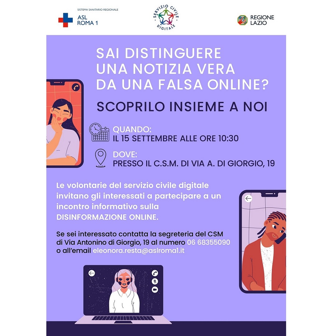 15 settembre Incontro “Sai distinguere una notizia vera da una falsa online? Scoprilo insieme a noi” al CSM Di Giorgio