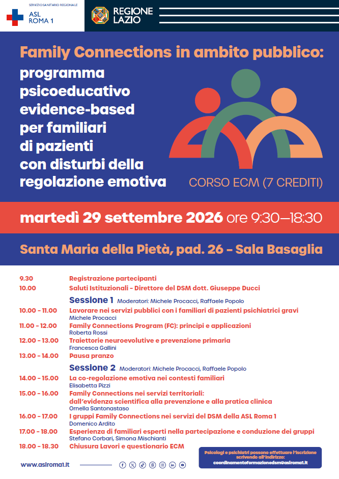 29 Settembre Corso ECM "Family connections in ambito pubblico: programma psicoeducativo evidence -based per familiari di pazienti con disturbi della regolazione emotiva"