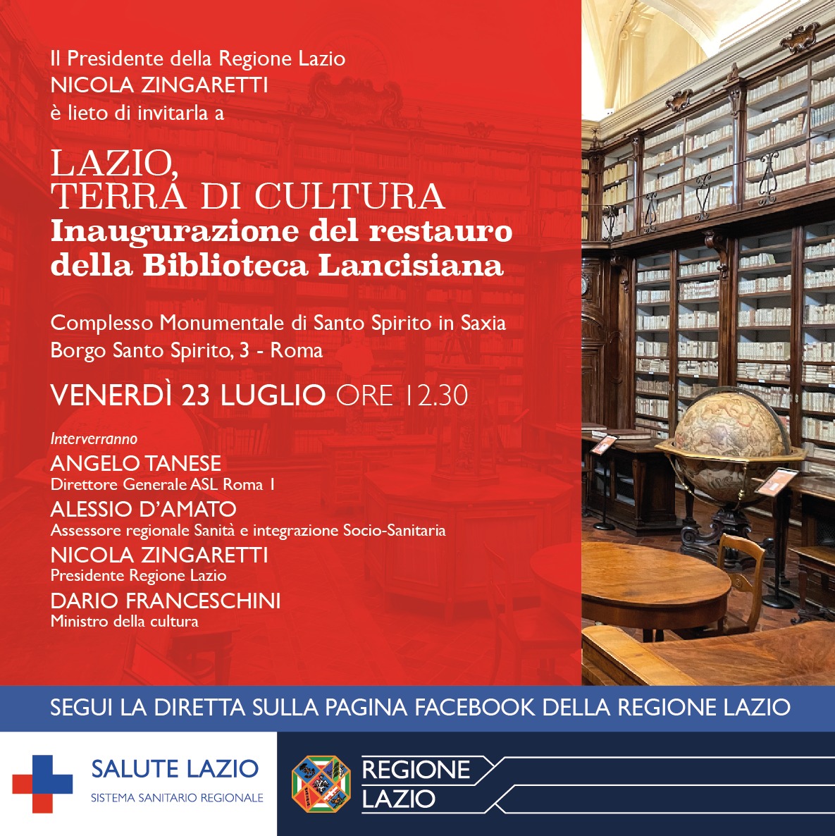 Lazio, terra di cultura. Inaugurazione del restauro della Biblioteca Lancisiana