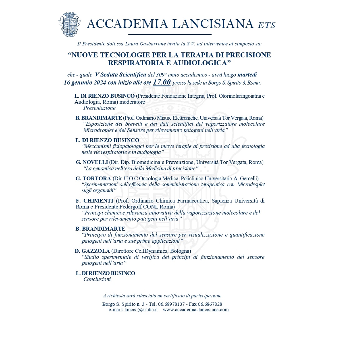 16 gennaio Seduta “Nuove tecnologie per la terapia di precisione respiratoria e audiologica” all’Accademia Lancisiana