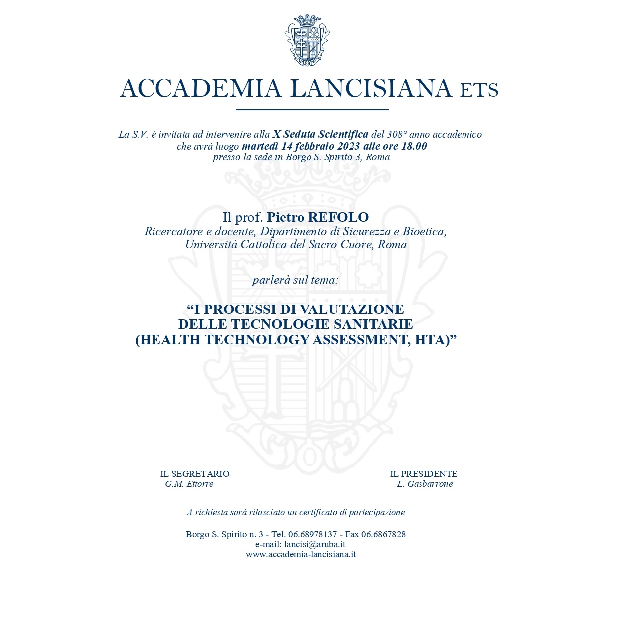 14 febbraio X Seduta Scientifica “I processi di valutazione delle tecnologie sanitarie” all’Accademia Lancisiana