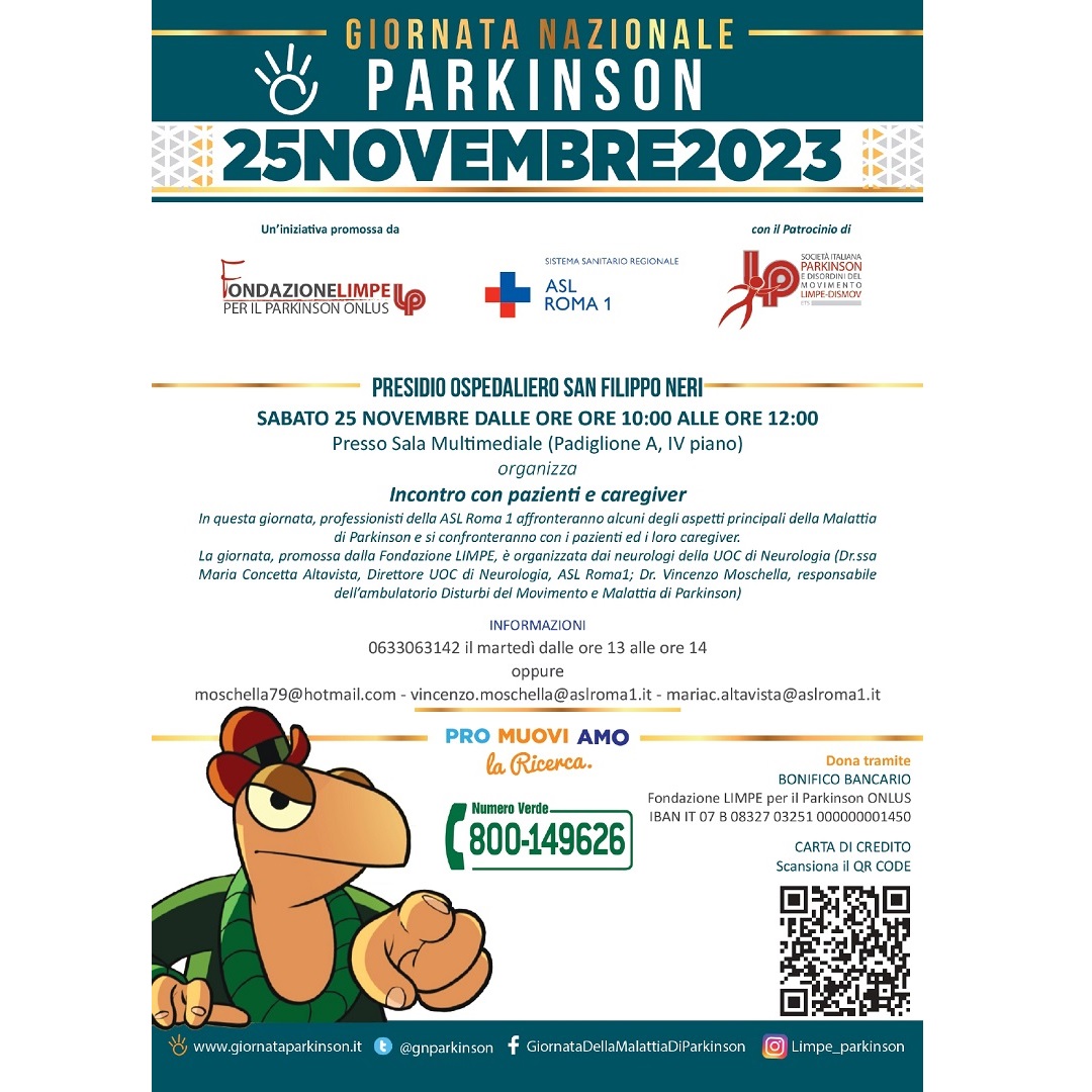 25 novembre Giornata Nazionale Parkinson, incontro con pazienti e caregiver al San Filippo Neri