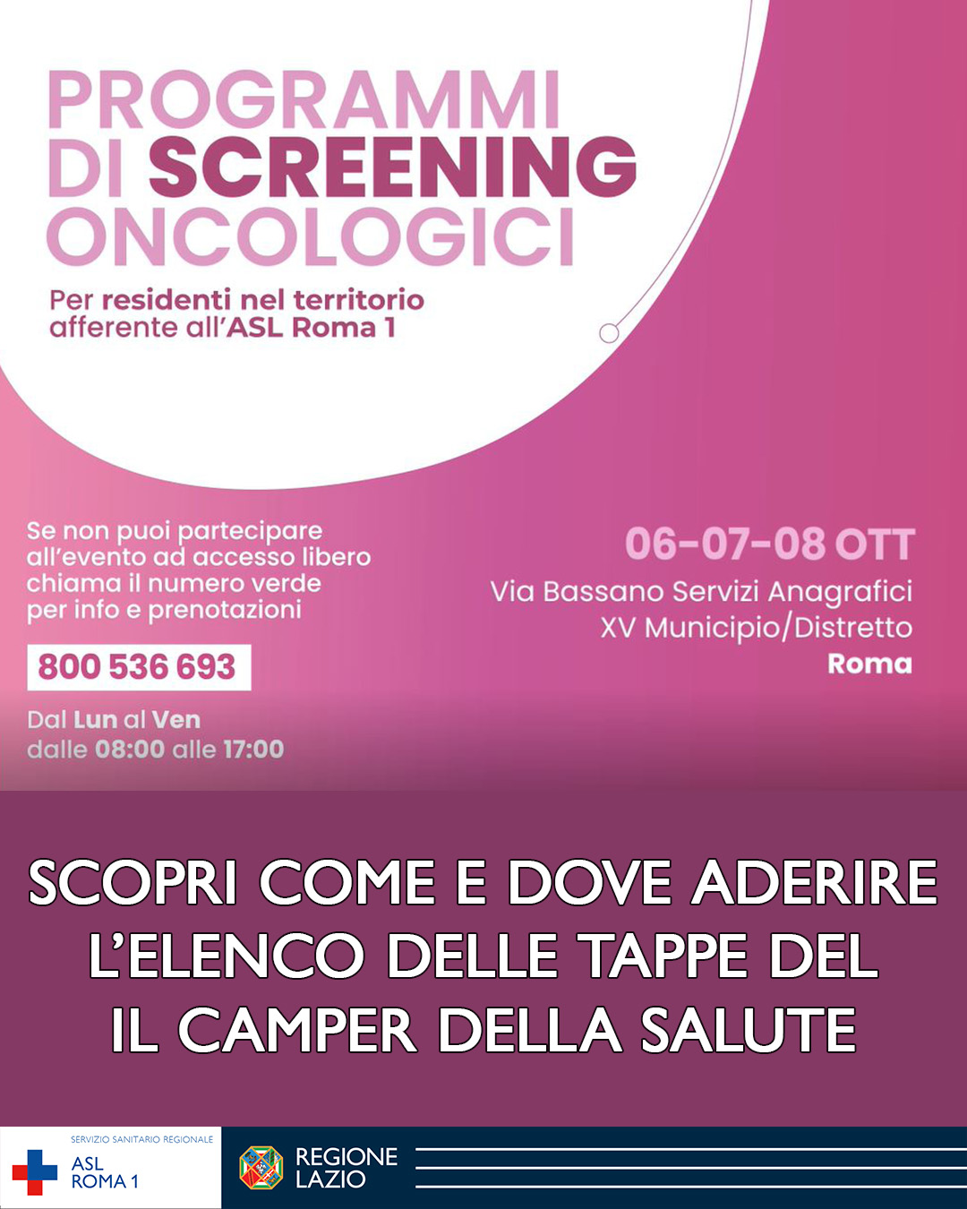 Screening oncologici, gli appuntamenti itineranti con il Camper della salute del mese di ottobre