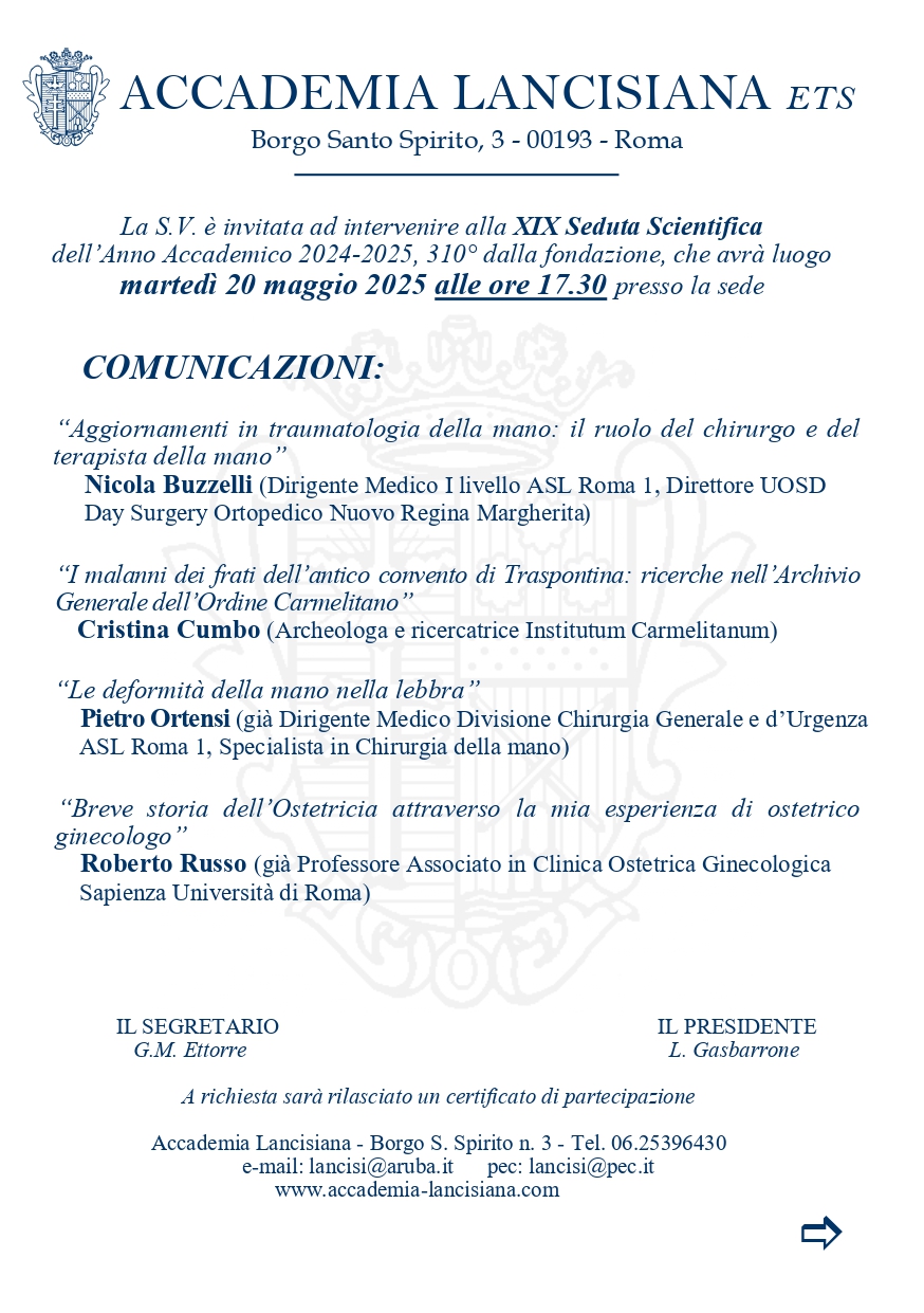 20 maggio XIX Seduta Scientifica Accademia Lancisiana