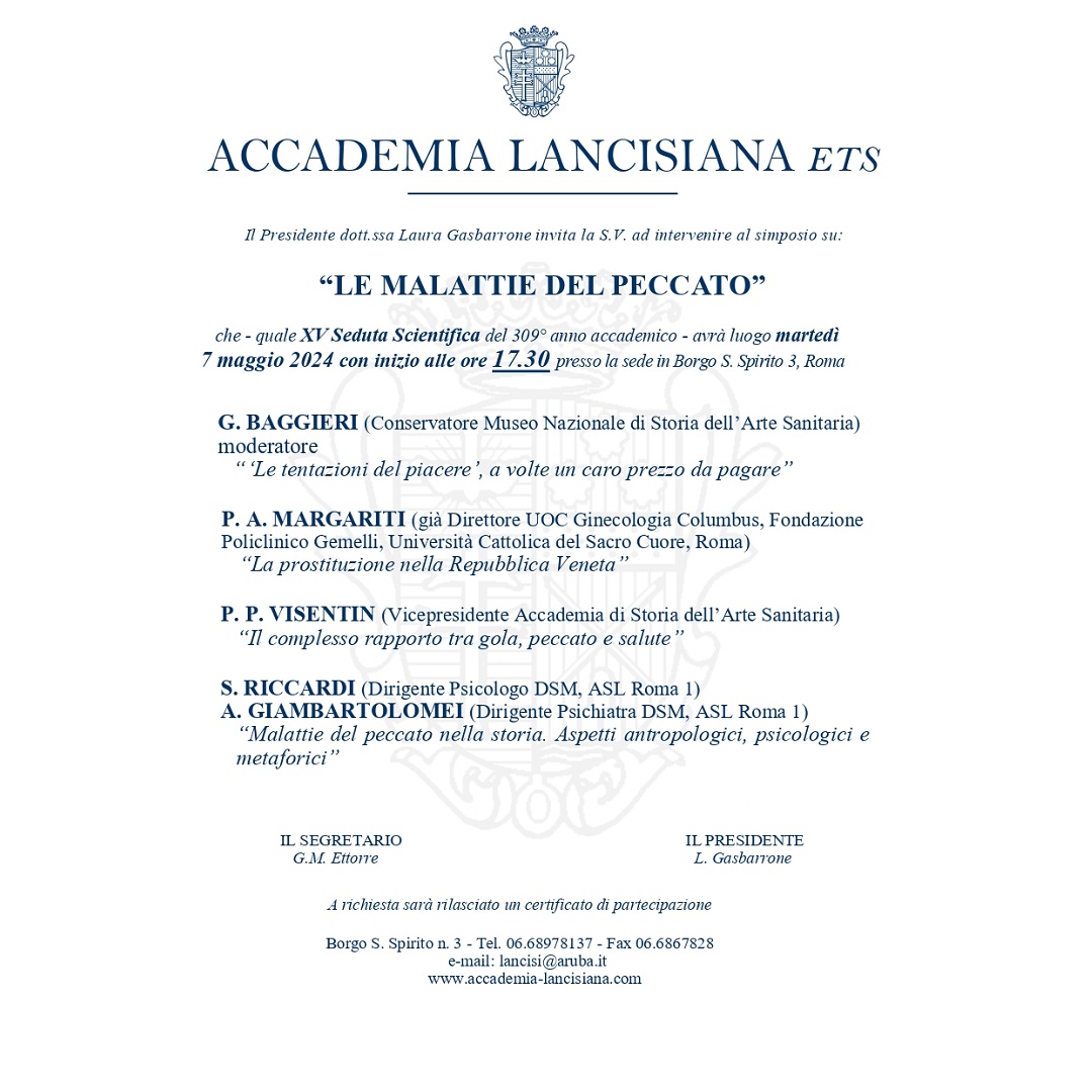 7 maggio XV Seduta Scientifica “Le malattie del peccato” all’Accademia Lancisiana