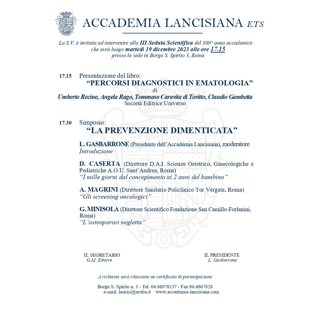 19 dicembre III Seduta Scientifica dell’Accademia Lancisiana