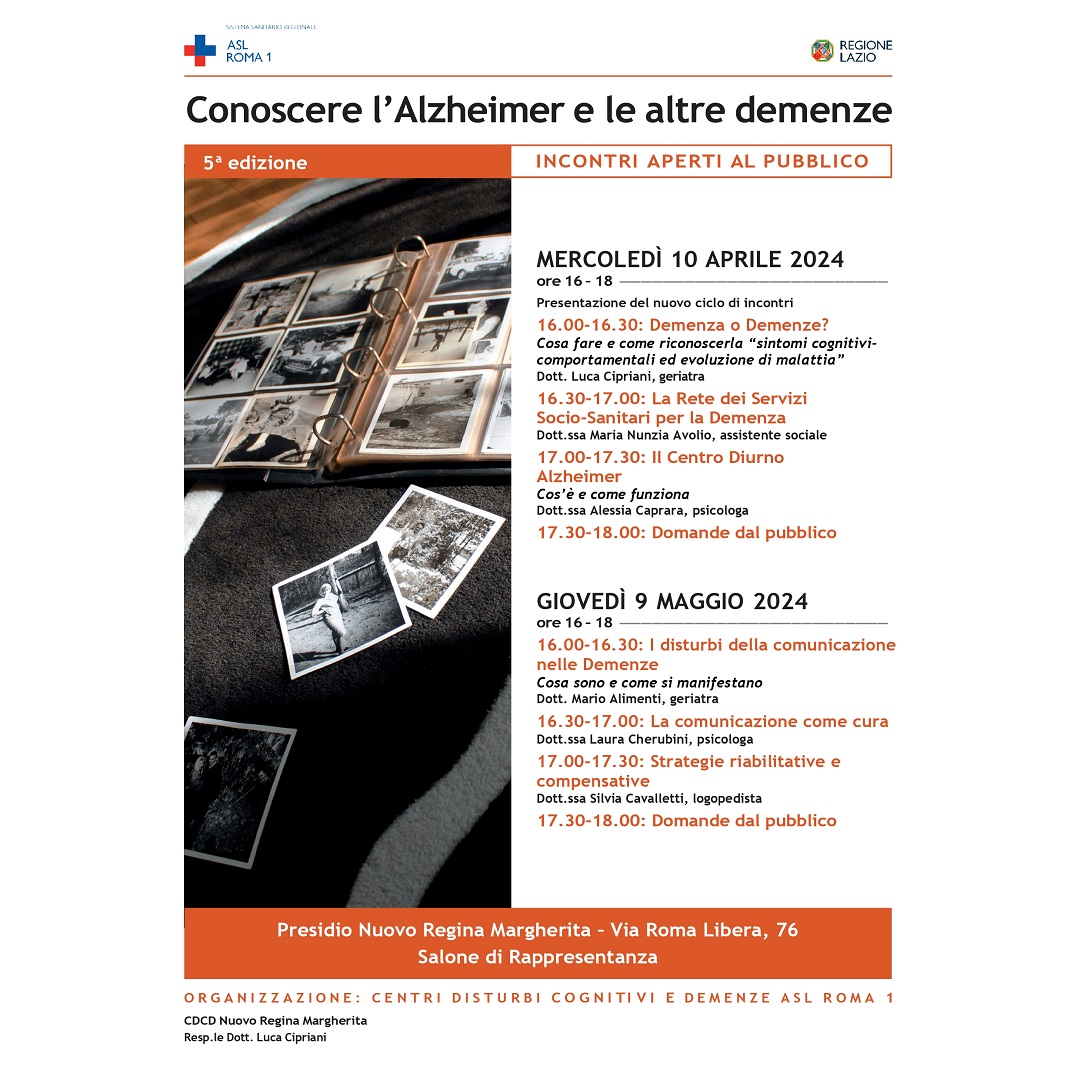 10 aprile e 9 maggio “Conoscere l’Alzheimer e le altre demenze”, ciclo di incontri aperto ai cittadini