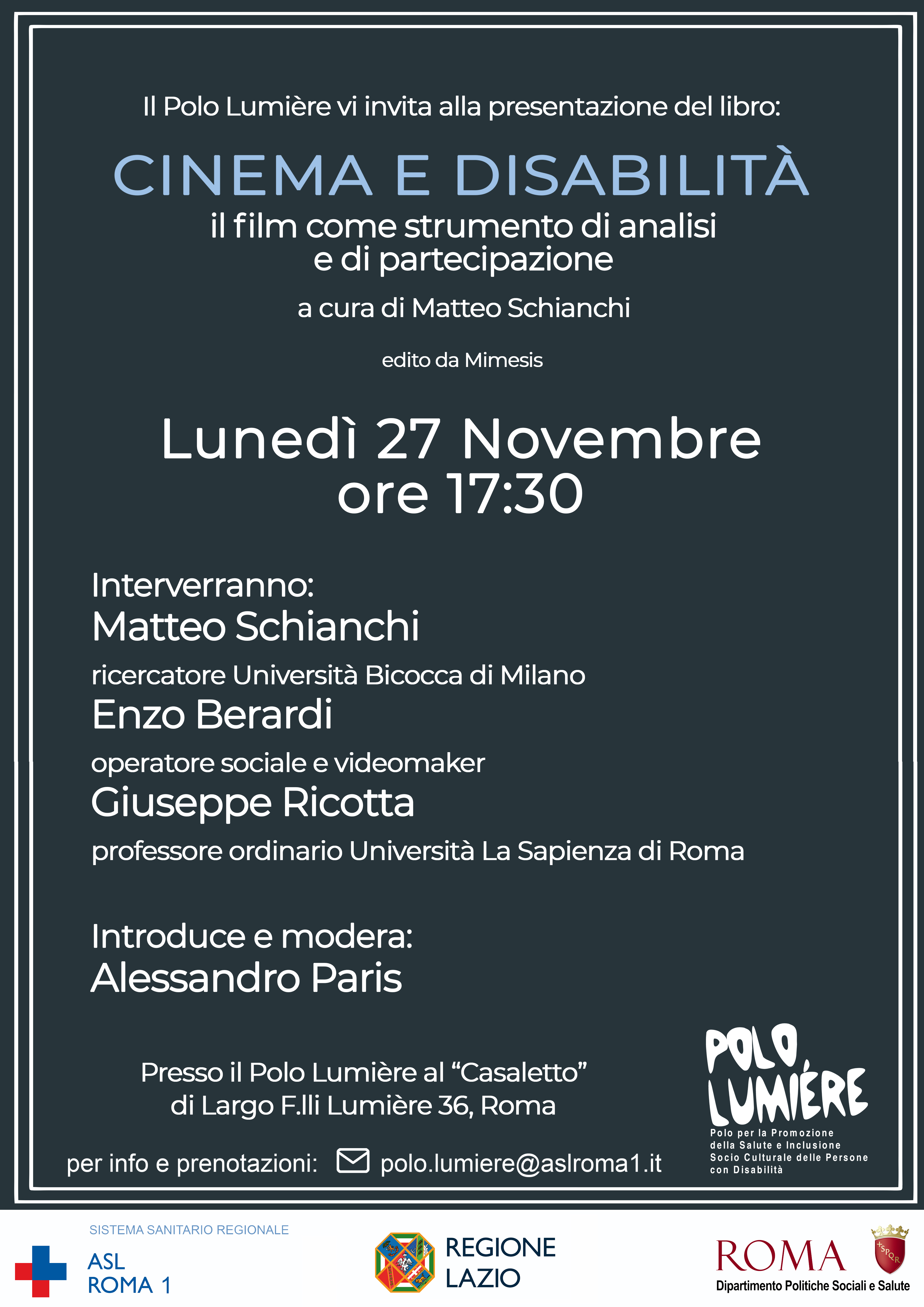 27 novembre presentazione libro “Cinema e Disabilità” di Matteo Schianchi presso il Polo Lumière