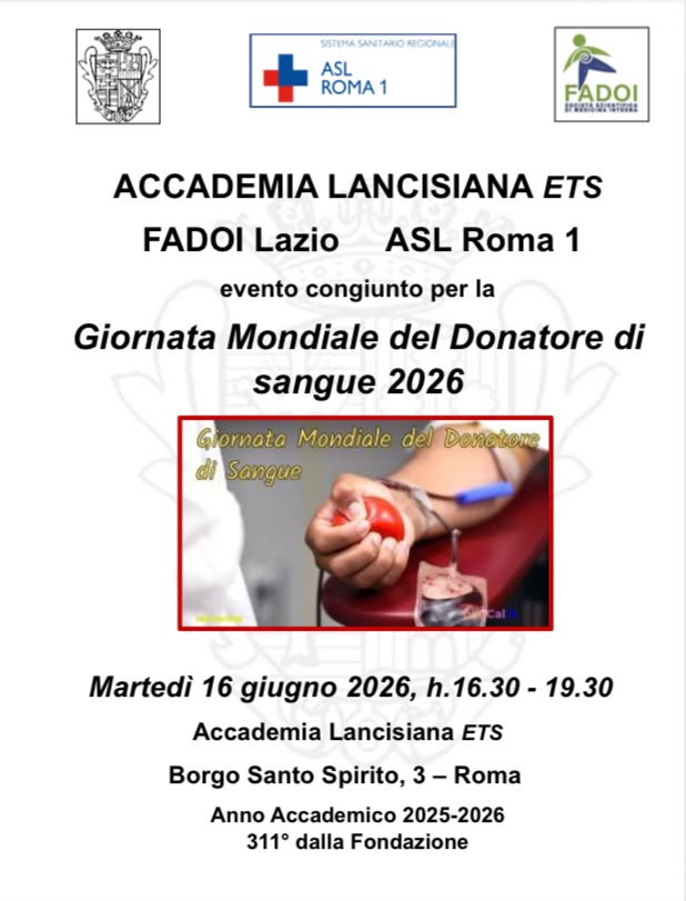 16 giugno evento congiunto Accademia Lancisiana, FADOI Lazio e ASL Roma 1 in occasione della Giornata Mondiale del Donatore di sangue 2026