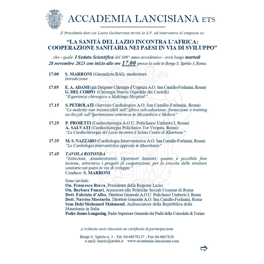 28 novembre Simposio “La sanità del Lazio incontra l’Africa: cooperazione sanitarie nei Paesi in via di sviluppo” dell’Accademia Lancisiana