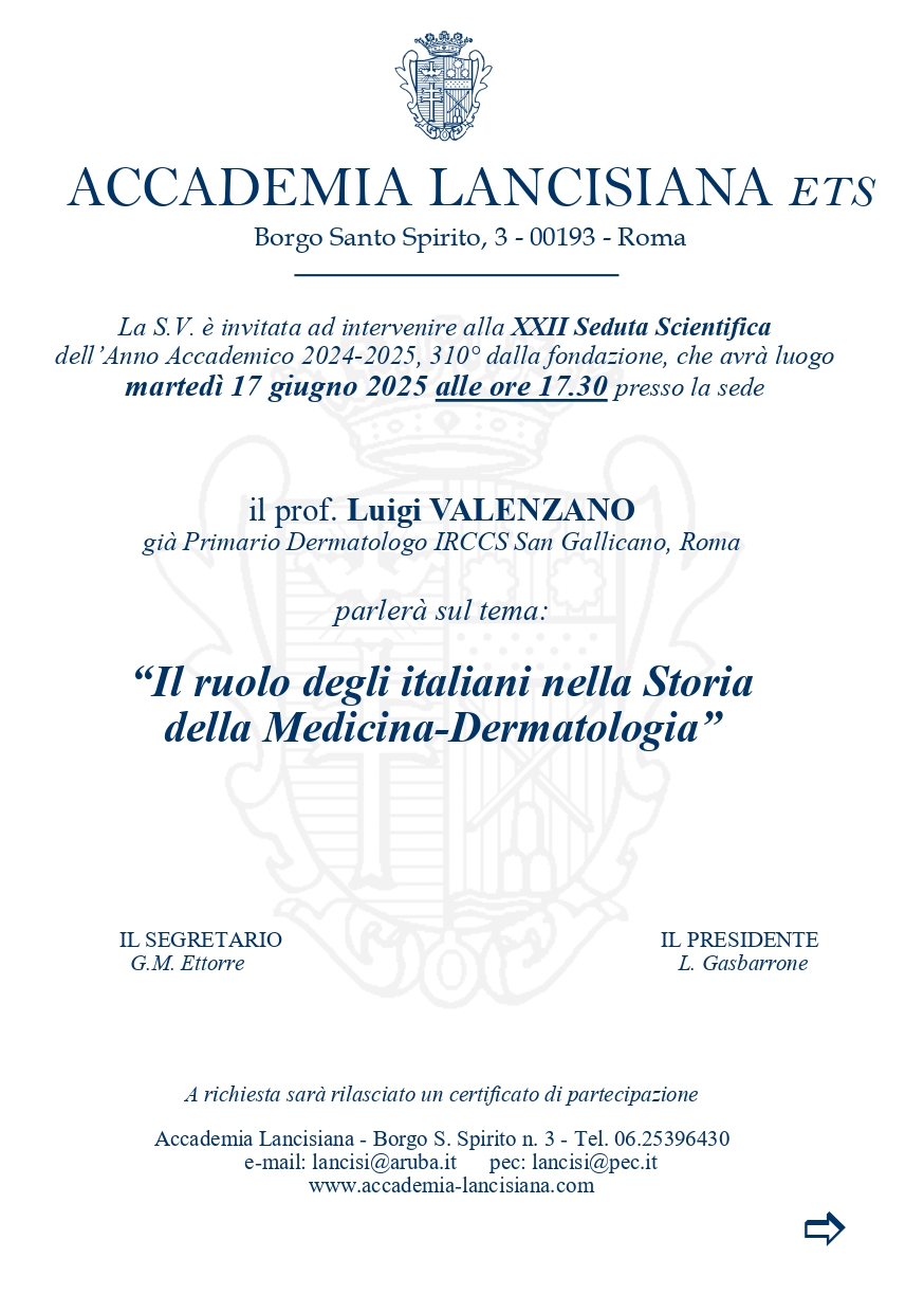 17 giugno XXII Seduta Scientifica Accademia Lancisiana "Il ruolo degli italiani nella Storia della Medicina-Dermatologia"