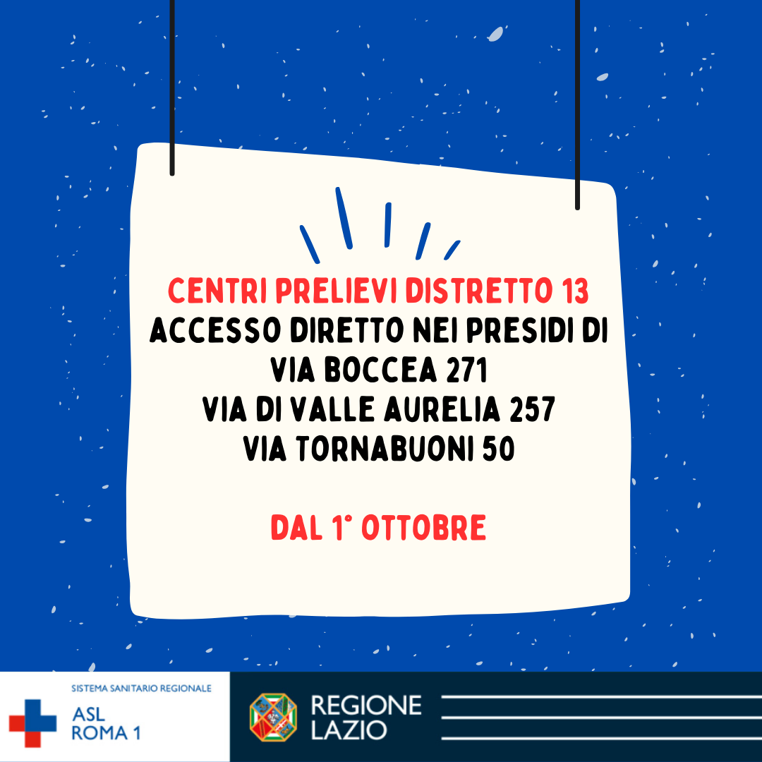 Dal 1 ottobre prelievi ematici in accesso diretto ai Poliambulatori Valle Aurelia, Tornabuoni e Boccea 271