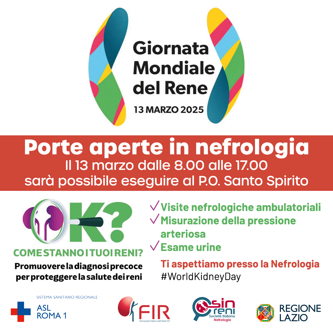 Il 13 marzo porte aperte alla nefrologia del Santo Spirito per la Giornata Mondiale del Rene