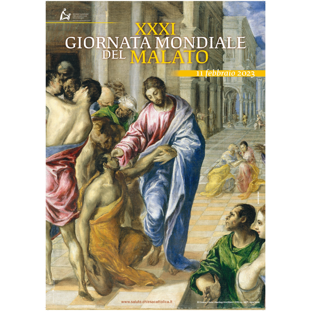 locandina Giornata malato 2023 con dettaglio dell'opera di el greco con Cristo che guarisce il cieco