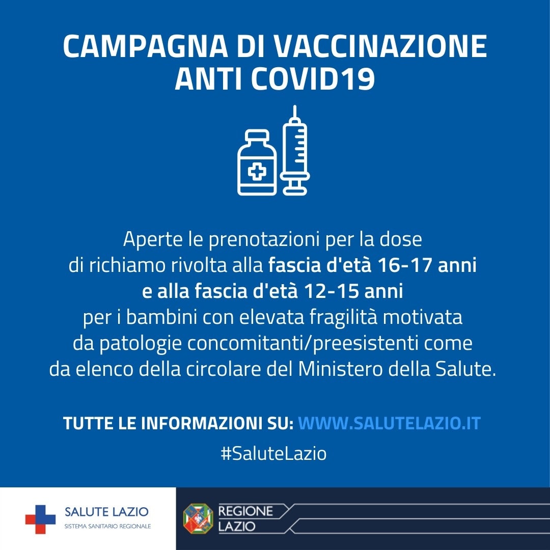 Vaccino anti Covid-19: dose di richiamo (booster) per le fasce d’età 16-17 anni e 12-15 anni con elevata fragilità