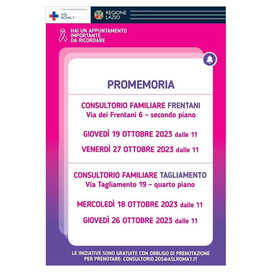 Ottobre Rosa, 18-19-26-27 ottobre Consulenze e incontri nei Consultori Familiari del Distretto 2