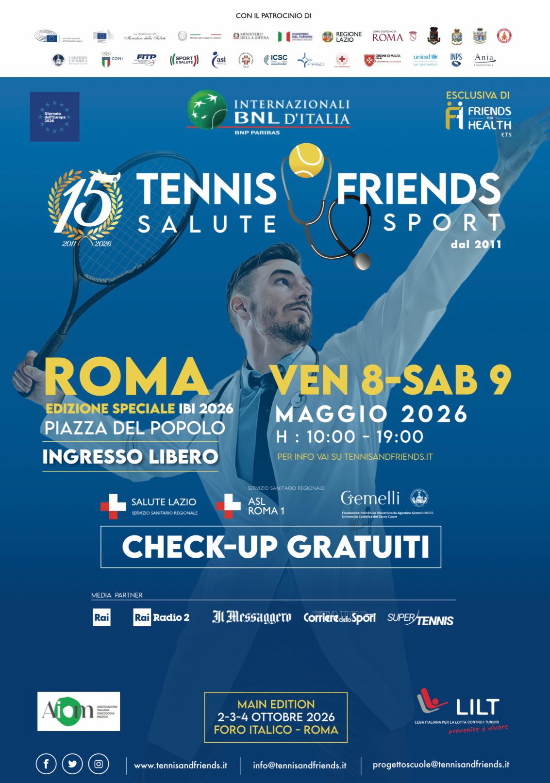 Special Edition 2026 Tennis and Friends: i servizi offerti dalla ASL Roma 1 l'8 e il 9 maggio a Piazza del Popolo
