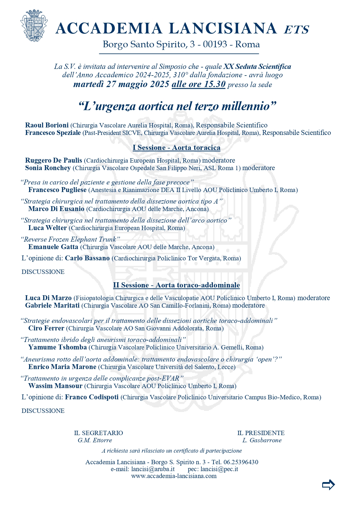 27 maggio XX Seduta Scientifica Accademia Lancisiana "L'urgenza aortica nel terzo millennio"