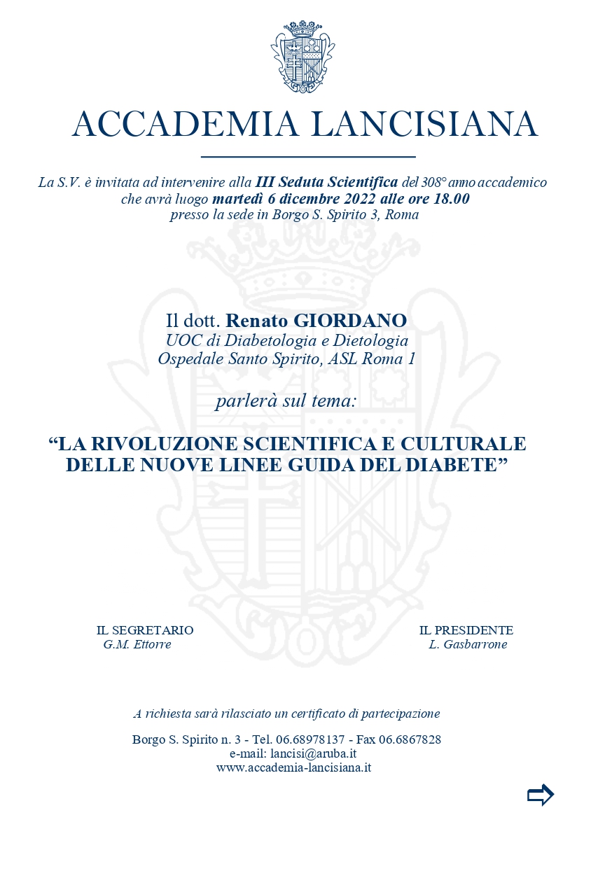 Accademia Lancisiana: Conferenza “La Rivoluzione Scientifica e culturale delle nuove linee guida del Diabete”