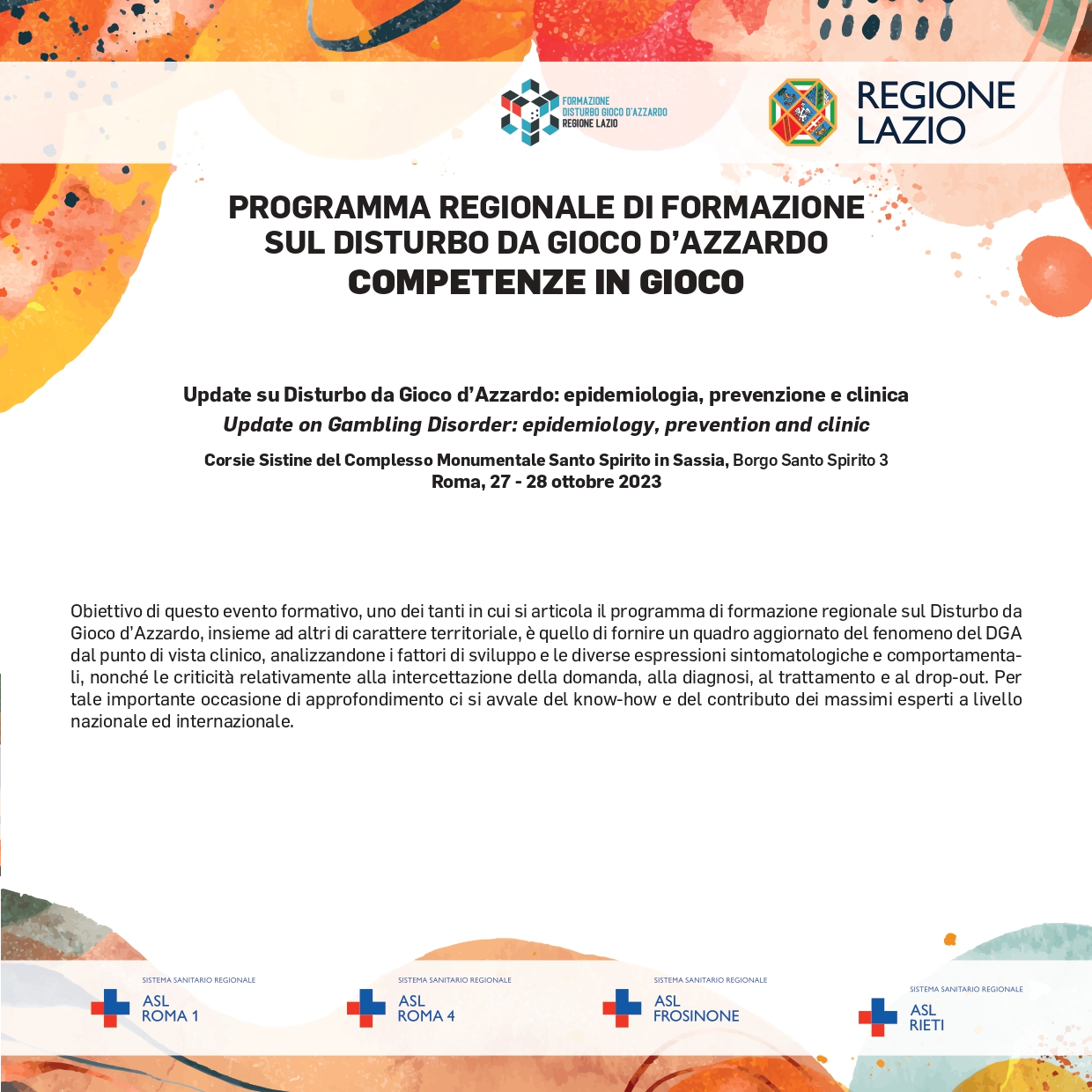 27-28 ottobre Evento formativo "Programma Regionale sul Disturbo da Gioco d’Azzardo: epidemiologia, prevenzione e clinica"