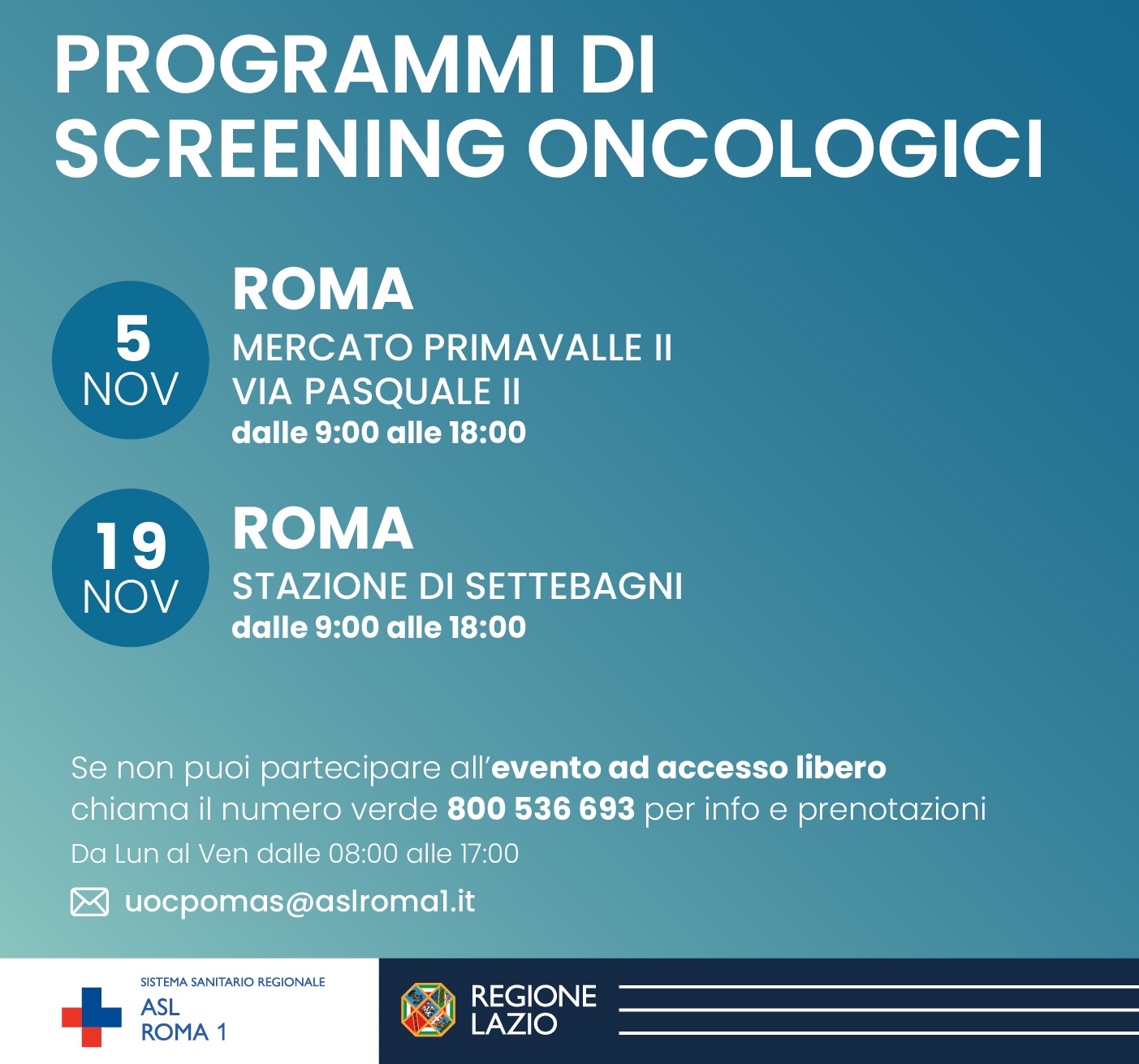 19 novembre Giornata per la prevenzione oncologica: screening gratuiti a Settebagni