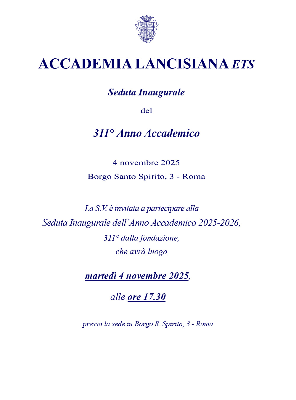 4 novembre Seduta inaugurale 311° Anno Accademico dell’Accademia Lancisiana