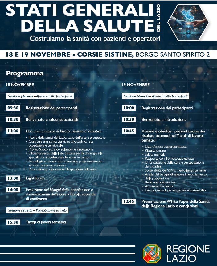 Gli Stati Generali della Salute del Lazio 18 e 19 novembre alle Corsie Sistine