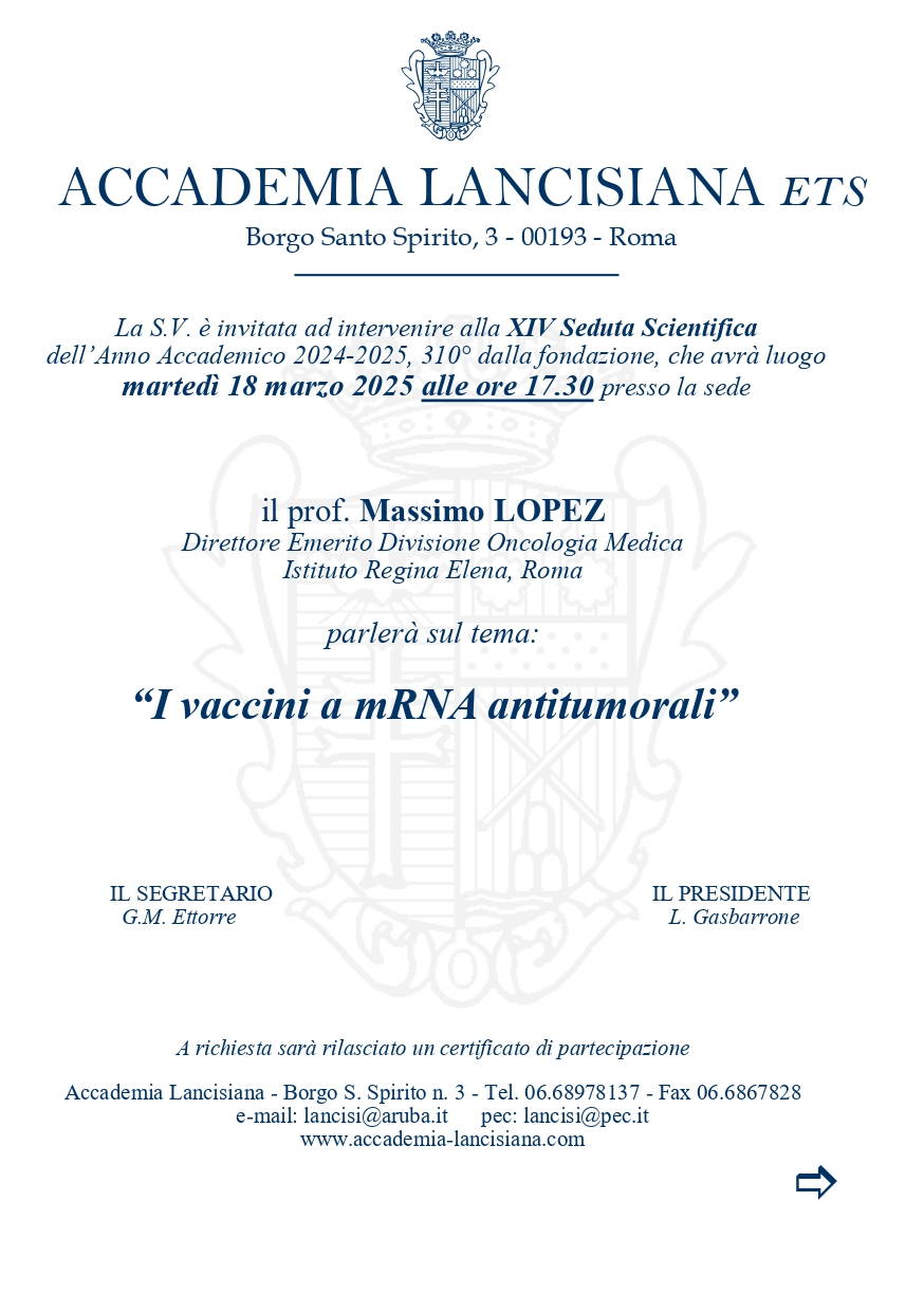 18 marzo XIV Seduta Accademia Lancisiana “I Vaccini mRNA antitumorali”