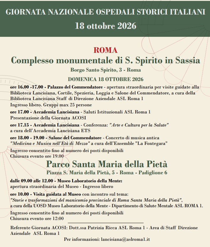 Giornata Nazionale degli Ospedali storici Italiani, il 18 Ottobre porte aperte in tutta Italia
