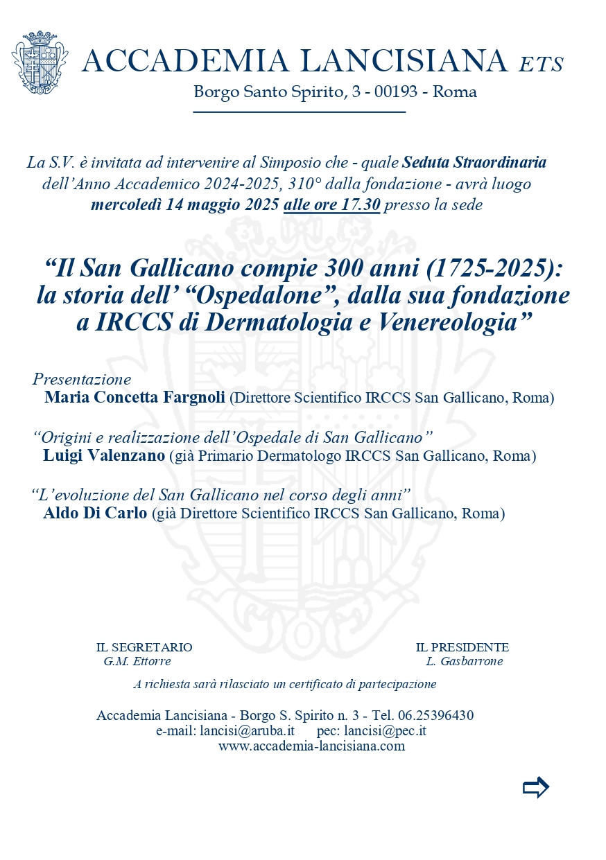 14 maggio Seduta Straordinaria Accademia Lancisiana “Il San Gallicano compie 300 anni (1725-2025): la storia dell’...