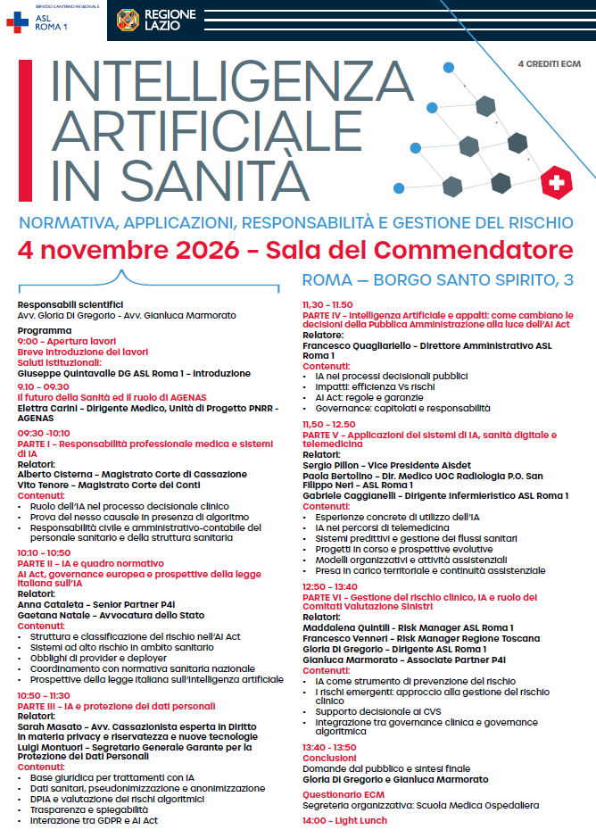 Il 4 novembre convegno al salone del Commendatore "Intelligenza artificiale in sanità. Normativa, applicazioni, res...