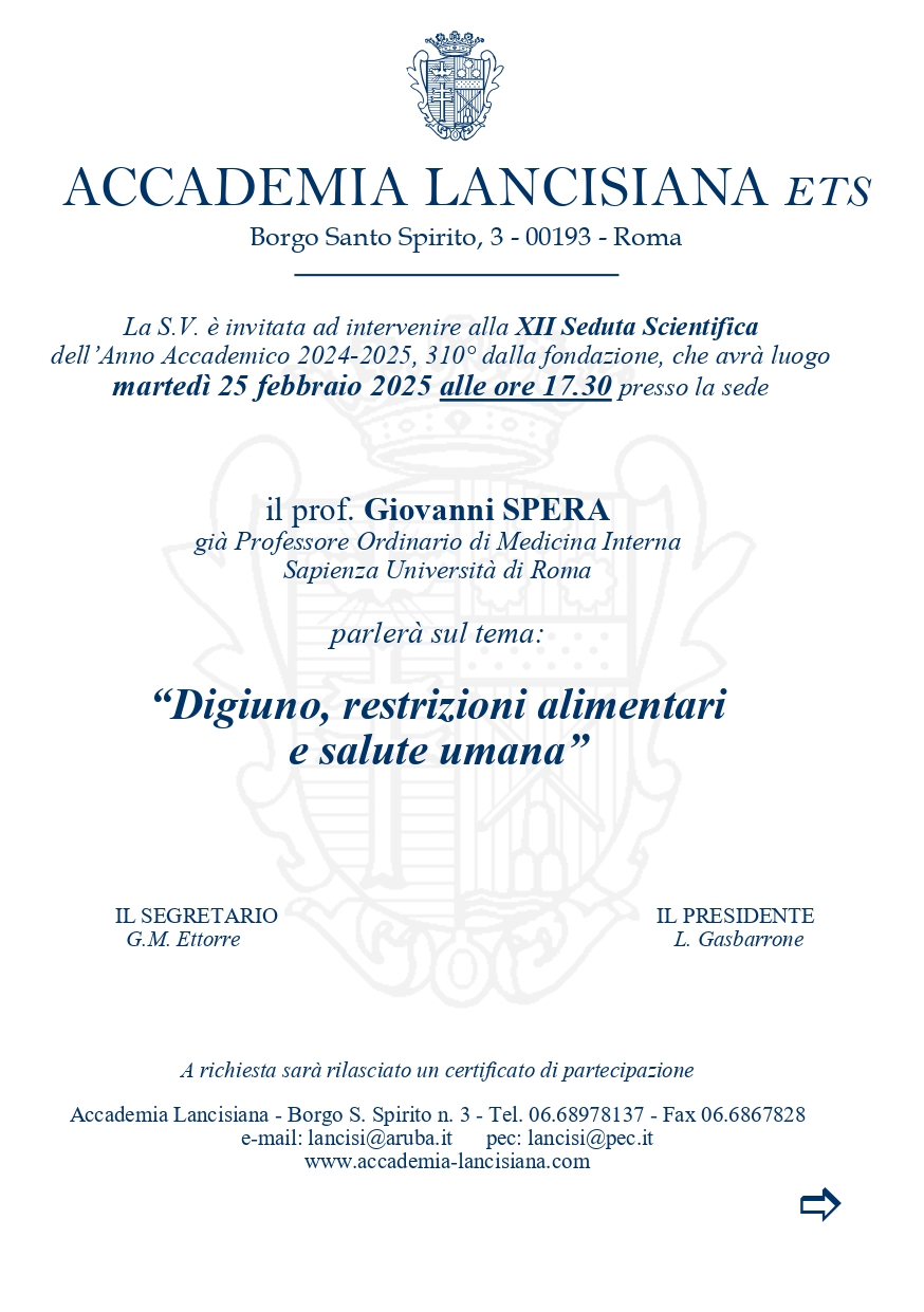 25 febbraio XII Seduta Accademia Lancisiana “Digiuno, restrizioni alimentari e salute umana”