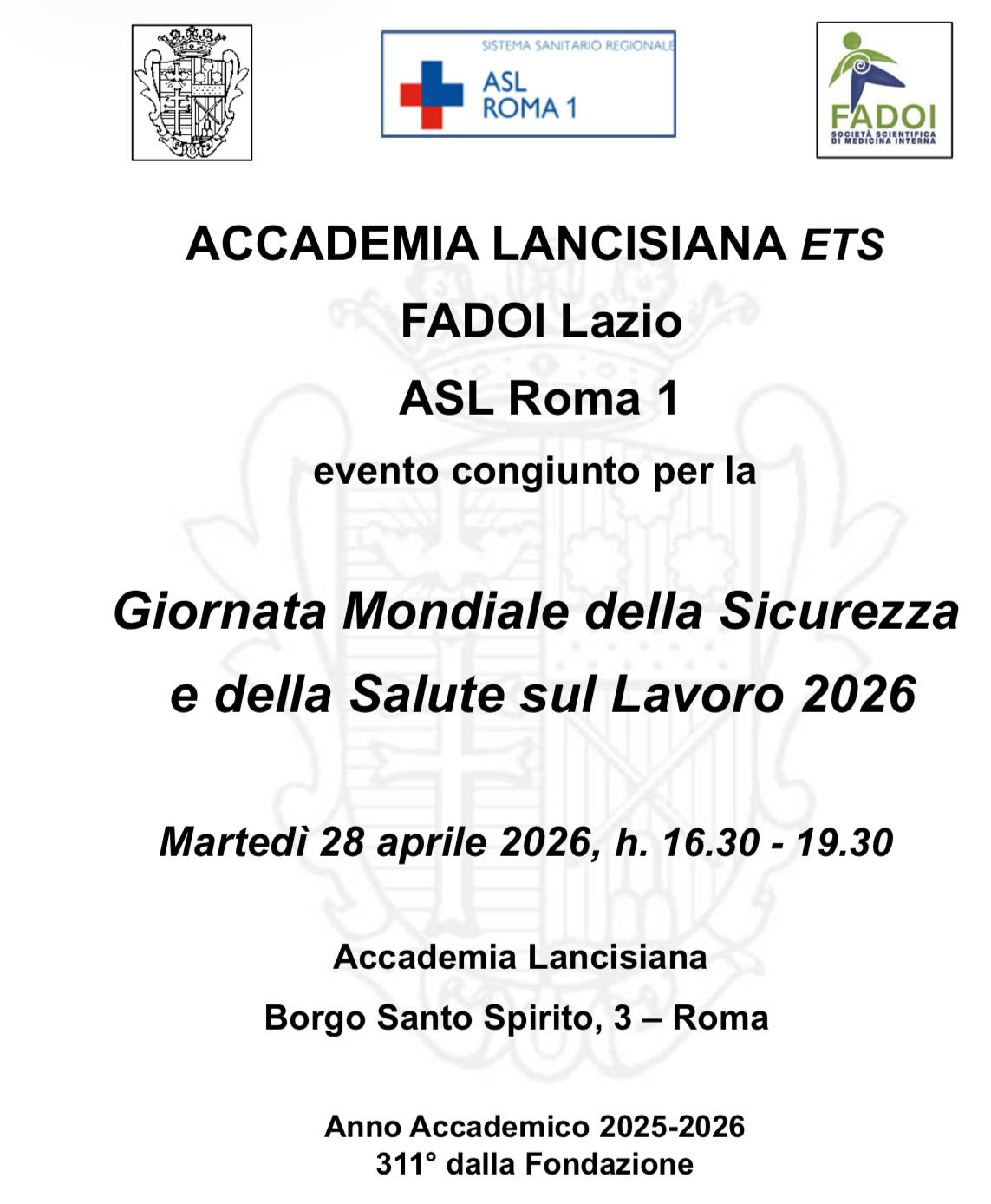 28 aprile evento congiunto Accademia Lancisiana, FADOI Lazio e ASL Roma 1 in occasione della Giornata Mondiale dell...