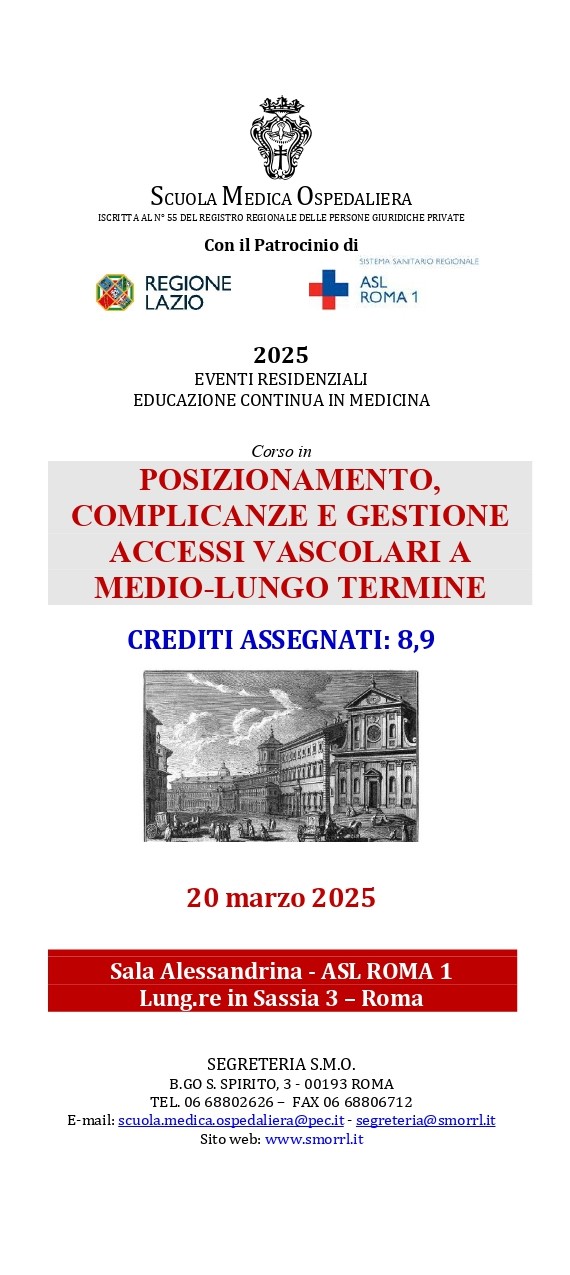 20 marzo Corso ECM “Posizionamento, Complicanze e Gestione Accessi Vascolari a Medio-Lungo Termine”