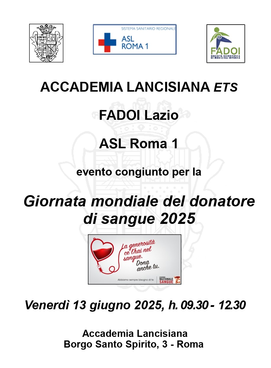 Giornata Mondiale del Donatore di Sangue: incontro pubblico il 13 giugno all’Accademia Lancisiana