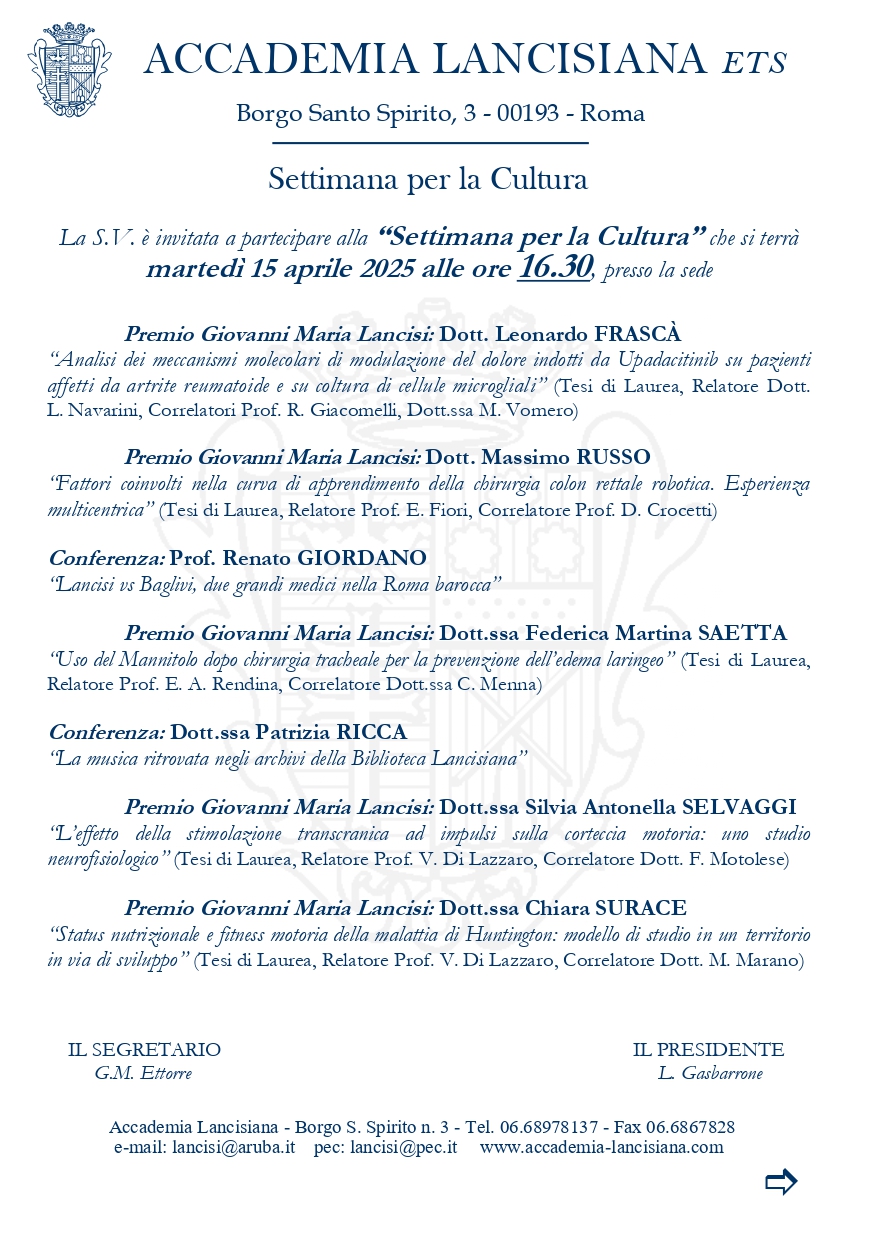 15 aprile “Settimana per la Cultura” all’Accademia Lancisiana