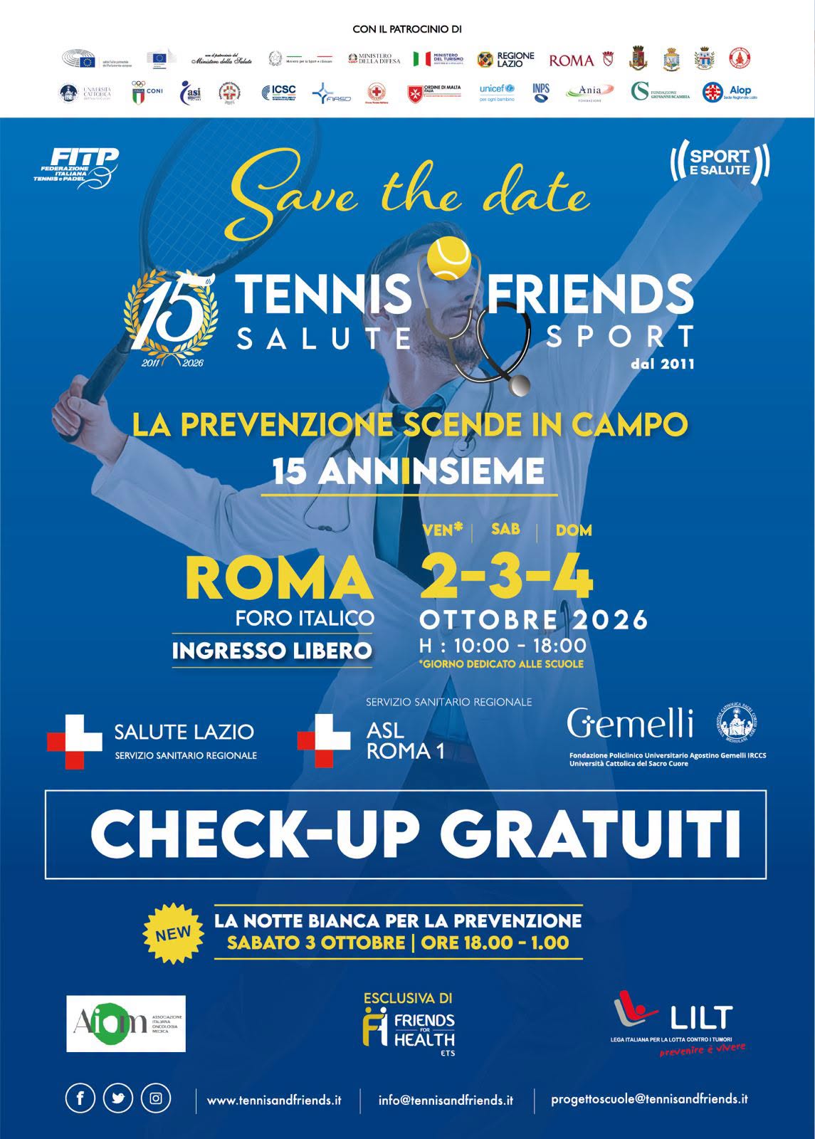 Tennis & Friends: Al via il weekend tra prevenzione e sport al Foro Italico