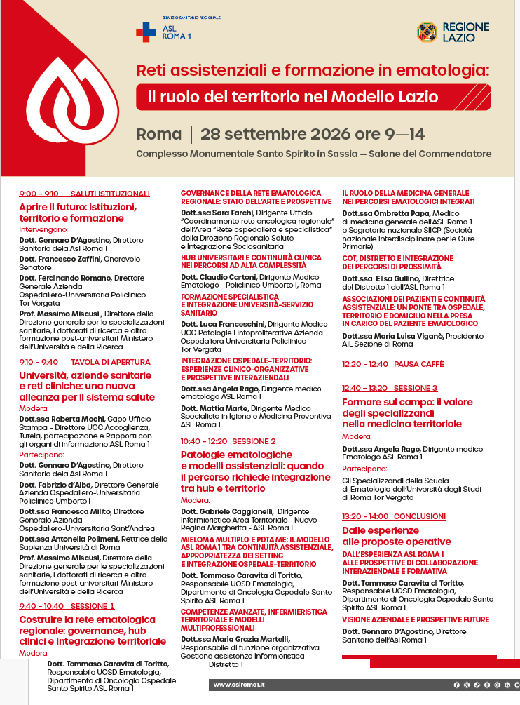 Convegno 28 Settembre: "Reti assistenziali e formazione in ematologia: il ruolo del territorio nel Modello Lazio"