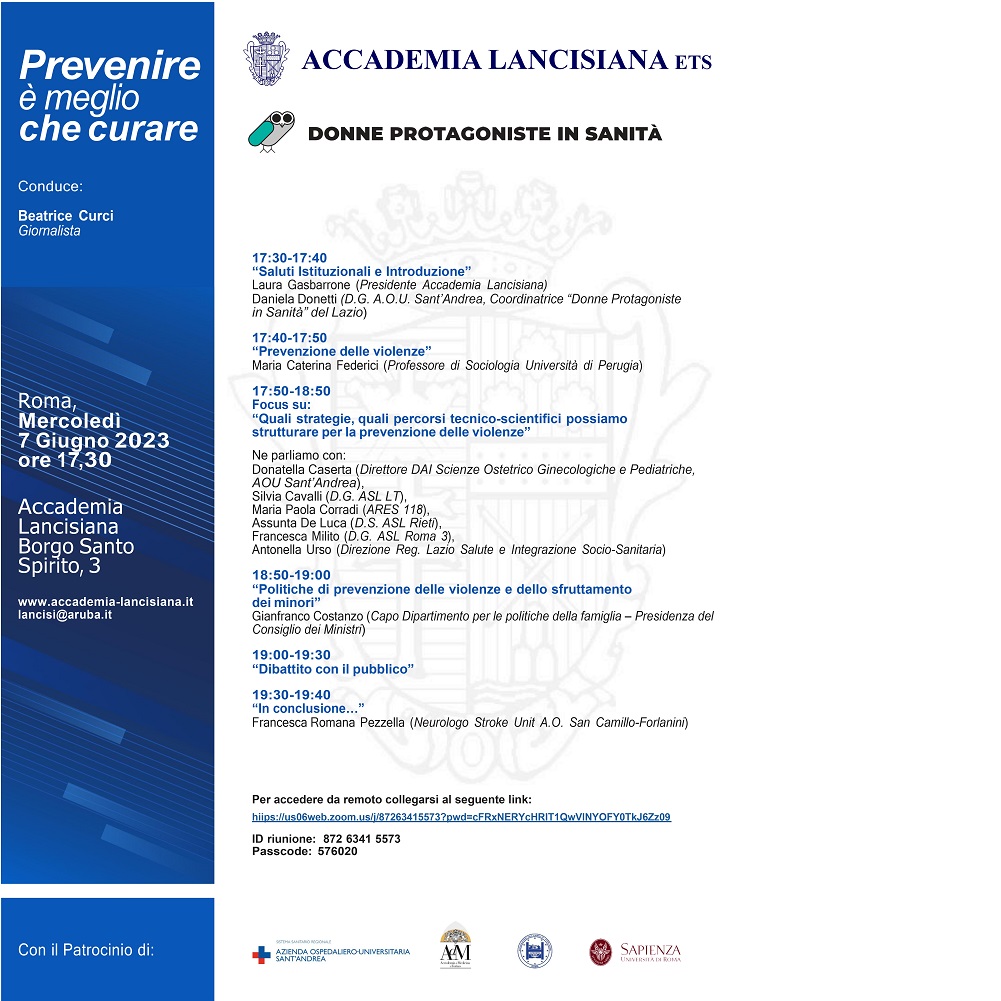 7 giugno Evento “Prevenire è meglio che curare” all’Accademia Lancisiana